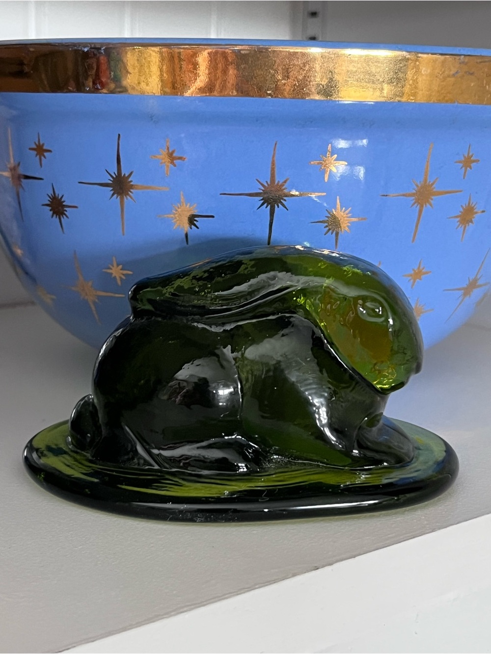 Stunning Viking Glass Green Obsidian Laying Bunny Rabbit Figurine, rare